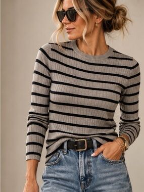 Philosophy Gray Black Striped Cashmere Blend Ribbed Sweater M Fitted